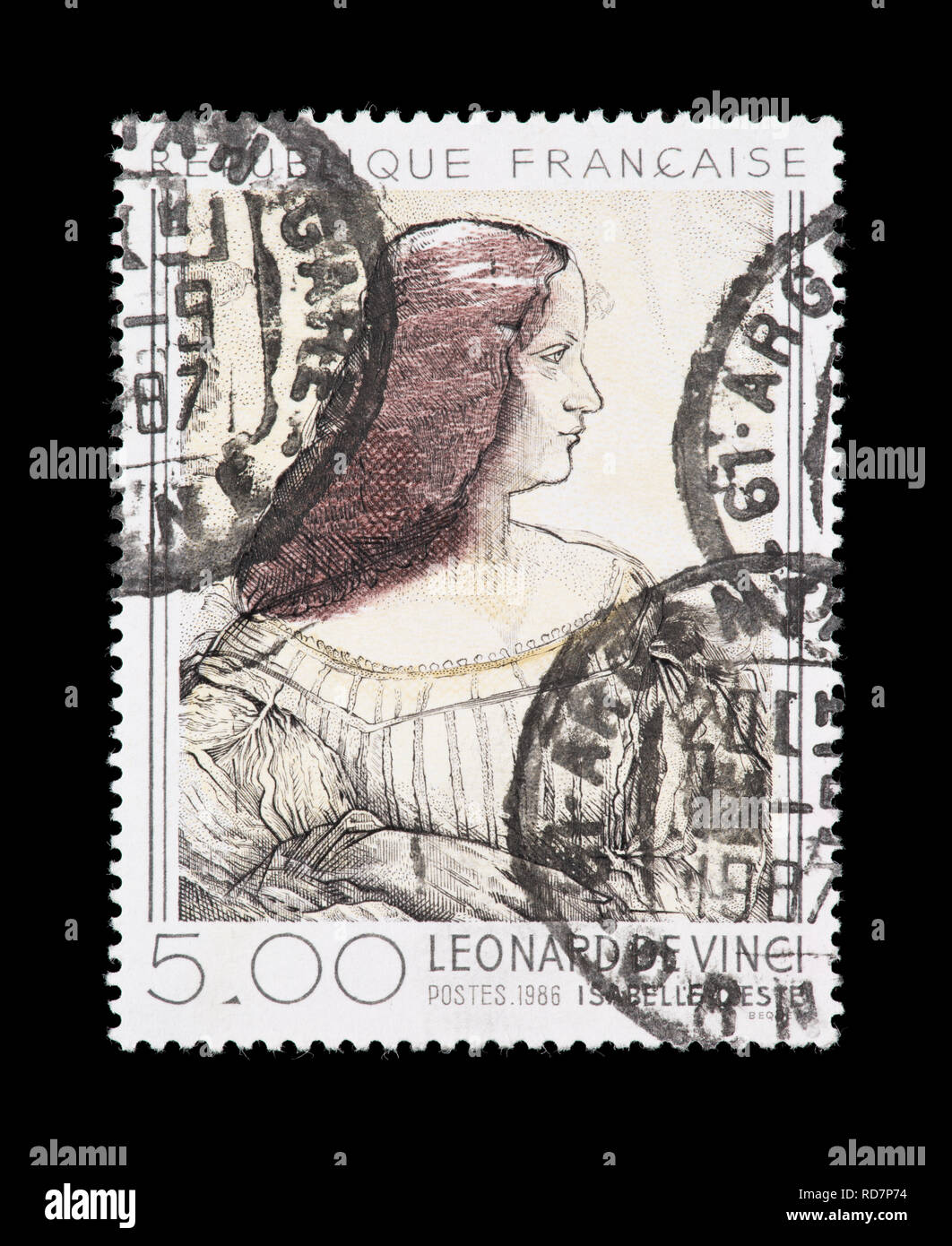 Francobollo da Francia raffigurante il Leonardo da Vinci di pittura Isabelle d'Este. Foto Stock