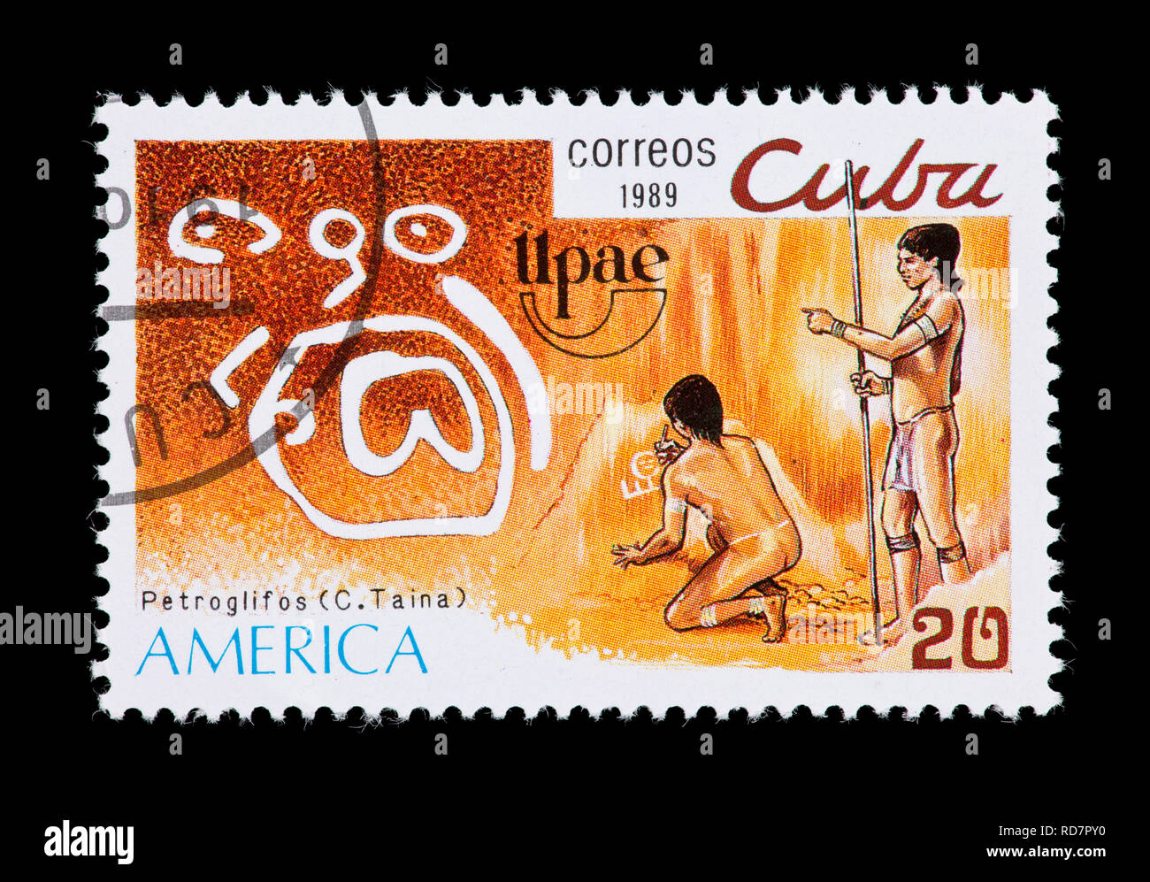 Francobollo da Cuba raffigurante un petroglyph e un indiano disegno su un muro. Foto Stock