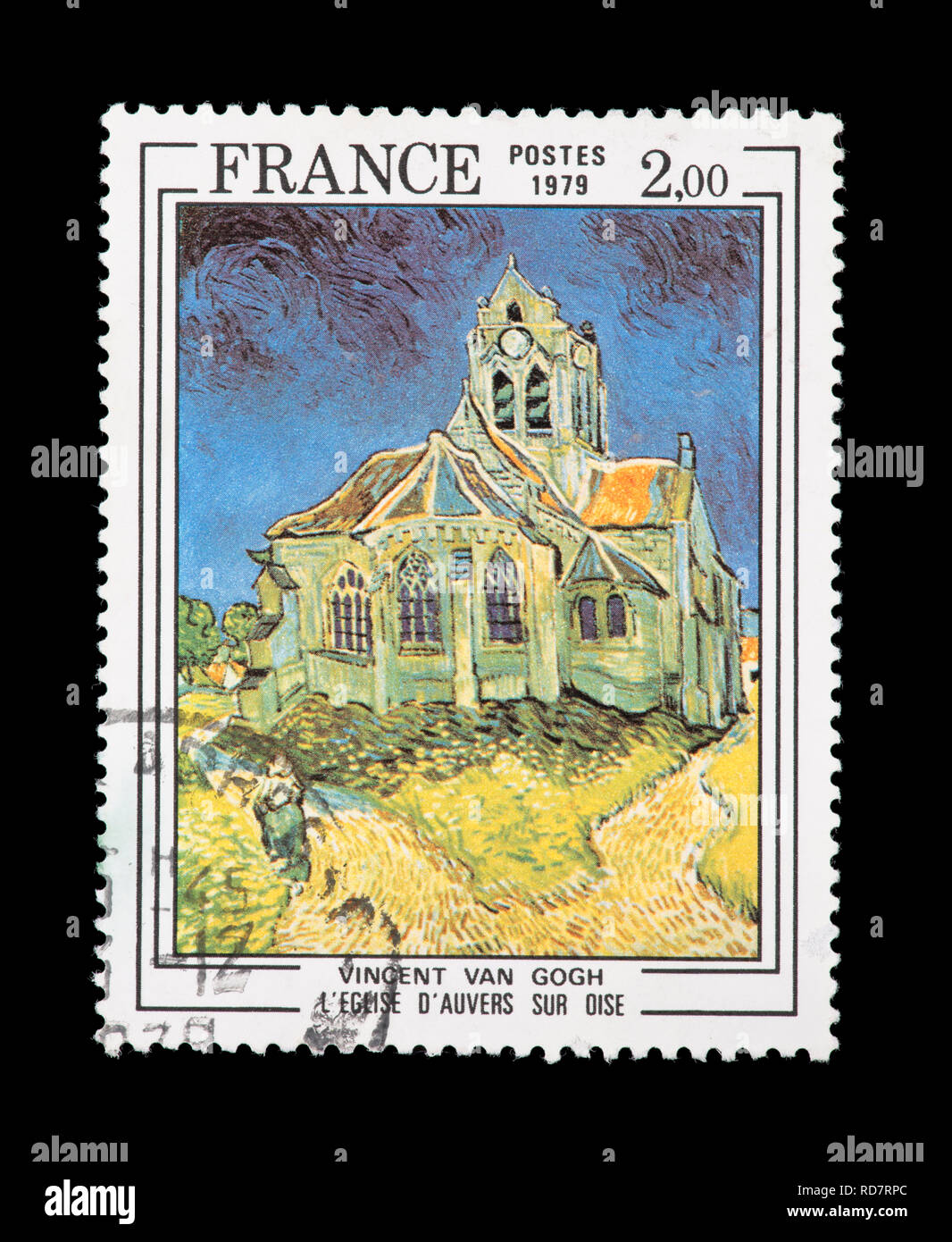 Francobollo fro Francia raffigurante il Vincent Van Gogh pittura chiesa a Auvers-su-Oise Foto Stock