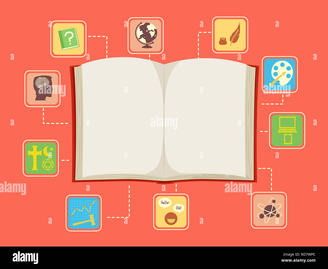 Illustrazione delle icone di classificazione o di soggetti su un libro aperto dalle arti alla tecnologia Foto Stock