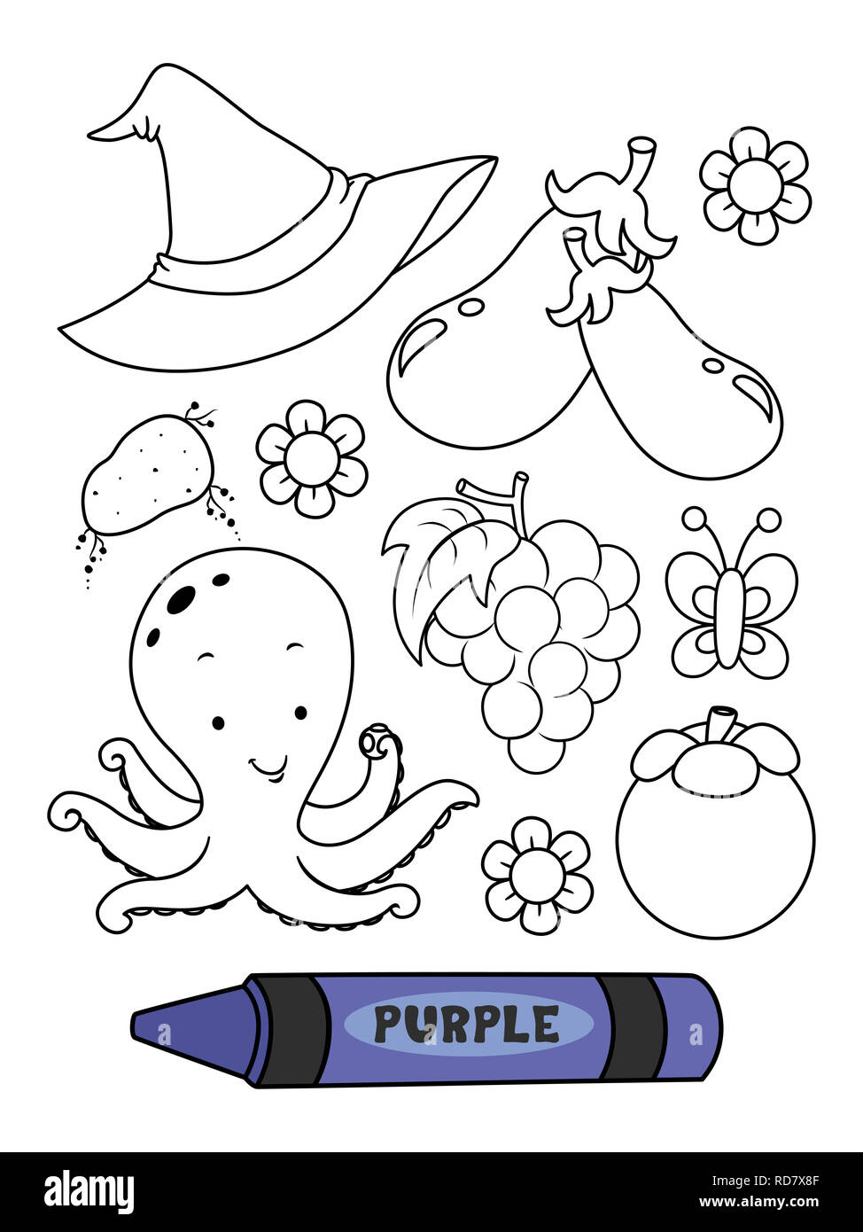 Illustrazione di una matita Viola Viola con elementi colorati in una pagina di colorazione Foto Stock