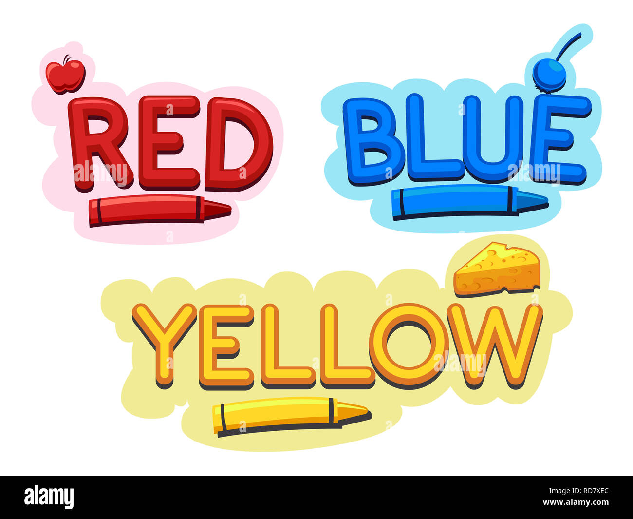 Illustrazione di colori primari e matite colorate di rosso, blu e giallo Foto Stock