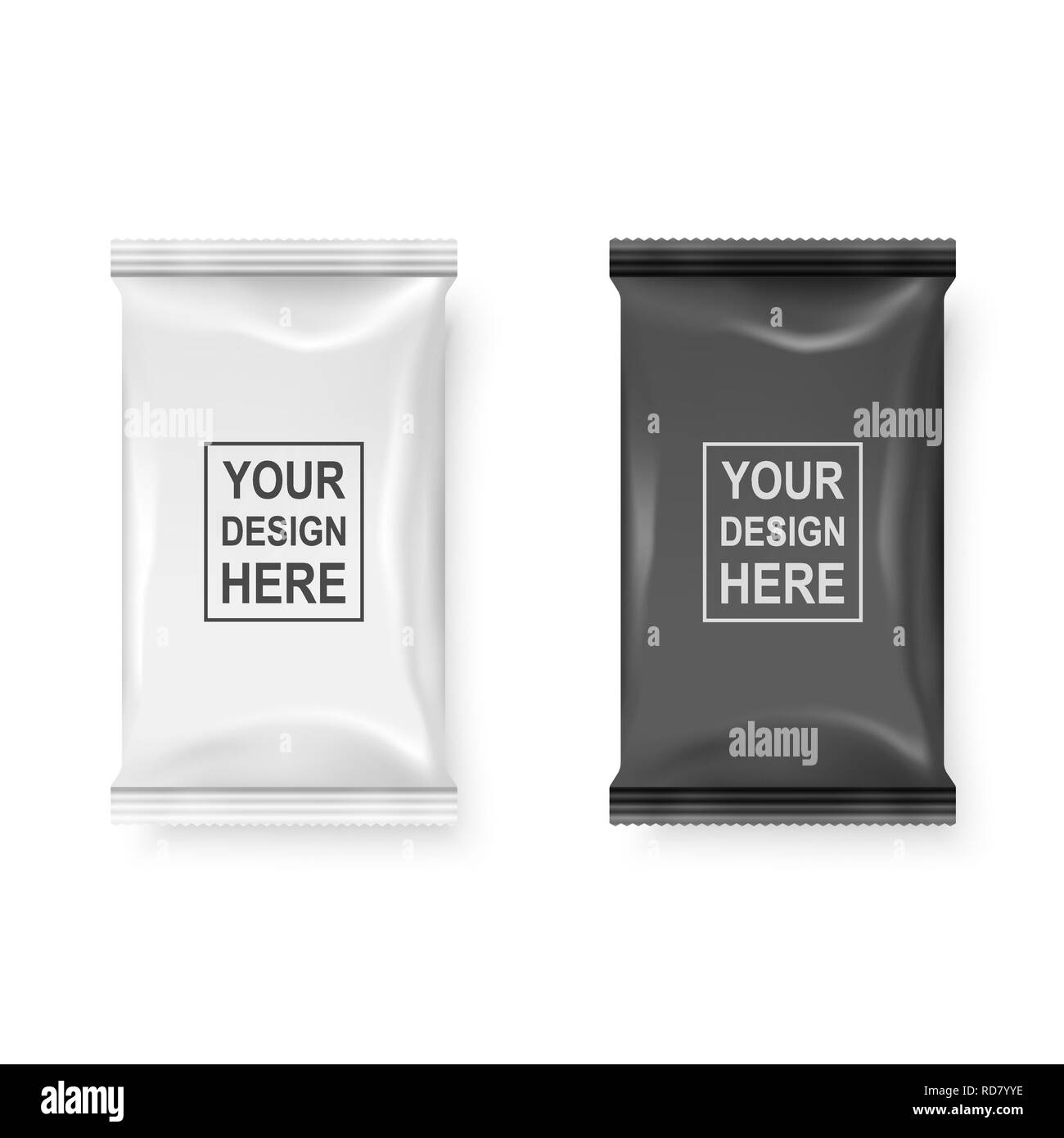 Vector realistiche in 3D in bianco e nero salviettine umidificate Confezione Icon Set Closeup isolati su sfondo bianco. Modello di progetto di tovaglioli, cosmetici, alimentari, di un prodotto o di un altro tipo di imballaggio per mockup. Vista superiore Illustrazione Vettoriale