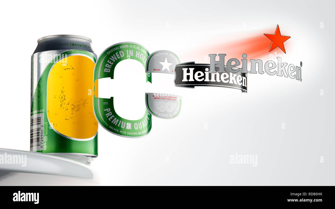 La Heineken lattina di birra, graphic design logo Foto Stock