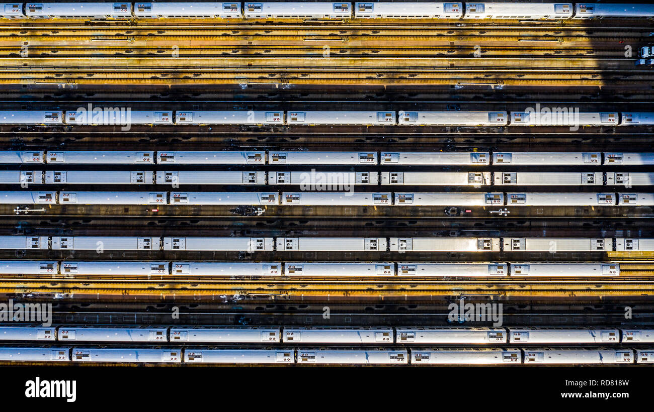 I treni della metropolitana di West iarda laterale, Manhattan, New York City, NY, STATI UNITI D'AMERICA Foto Stock