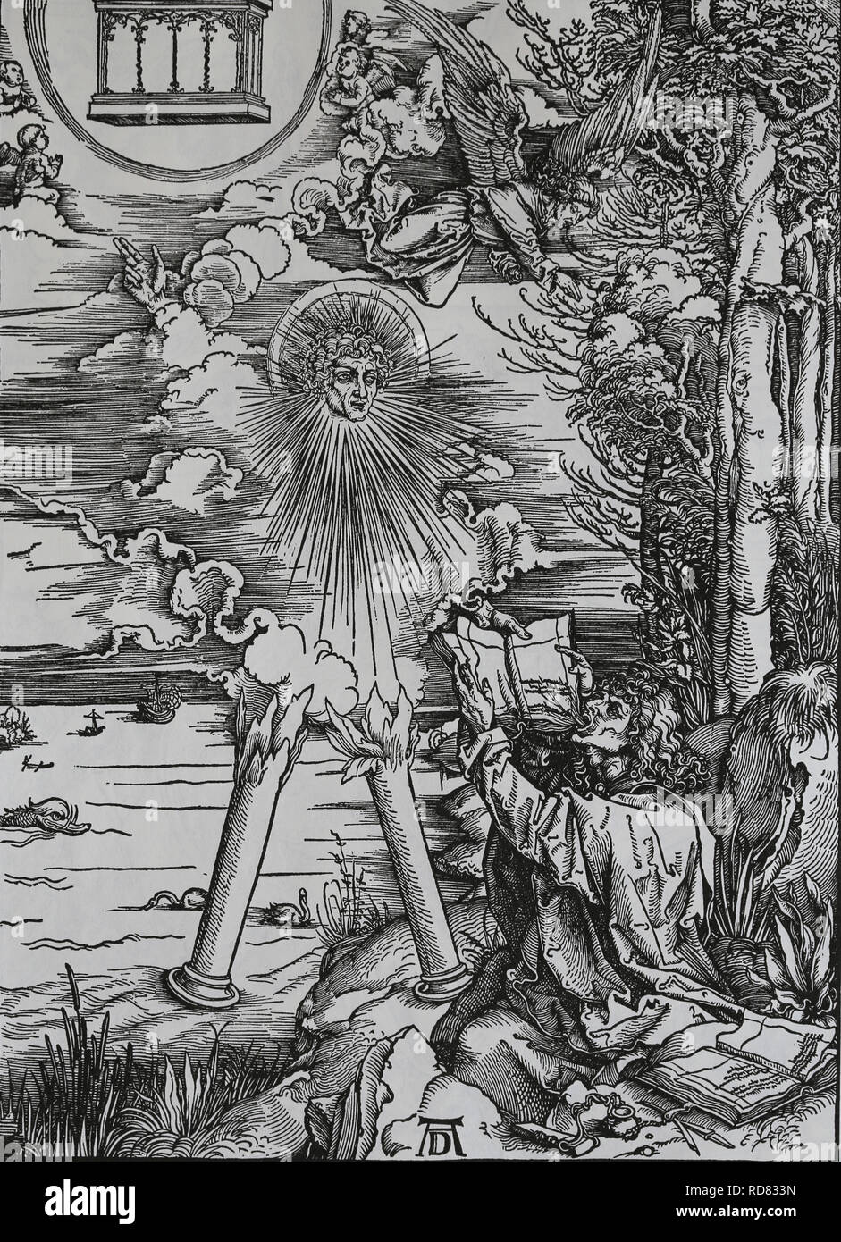 San Giovanni di mangiare il libro. Apocalisse. Silografia di Albrecht Dürer. 1498. Foto Stock