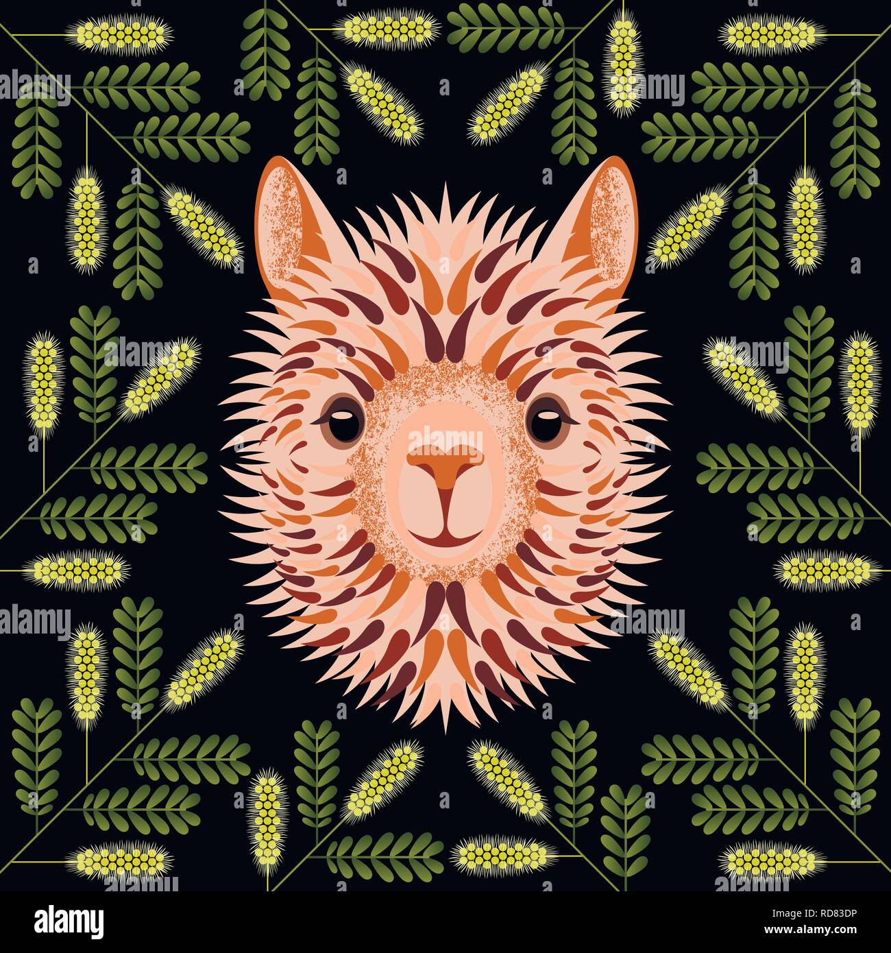 Luce di Alpaca viso, testa, ritratto. Nella cornice dei rami di miele Mesquite. Stile geometrico. Per i produttori e venditori di lana, filati, tessuti, Illustrazione Vettoriale