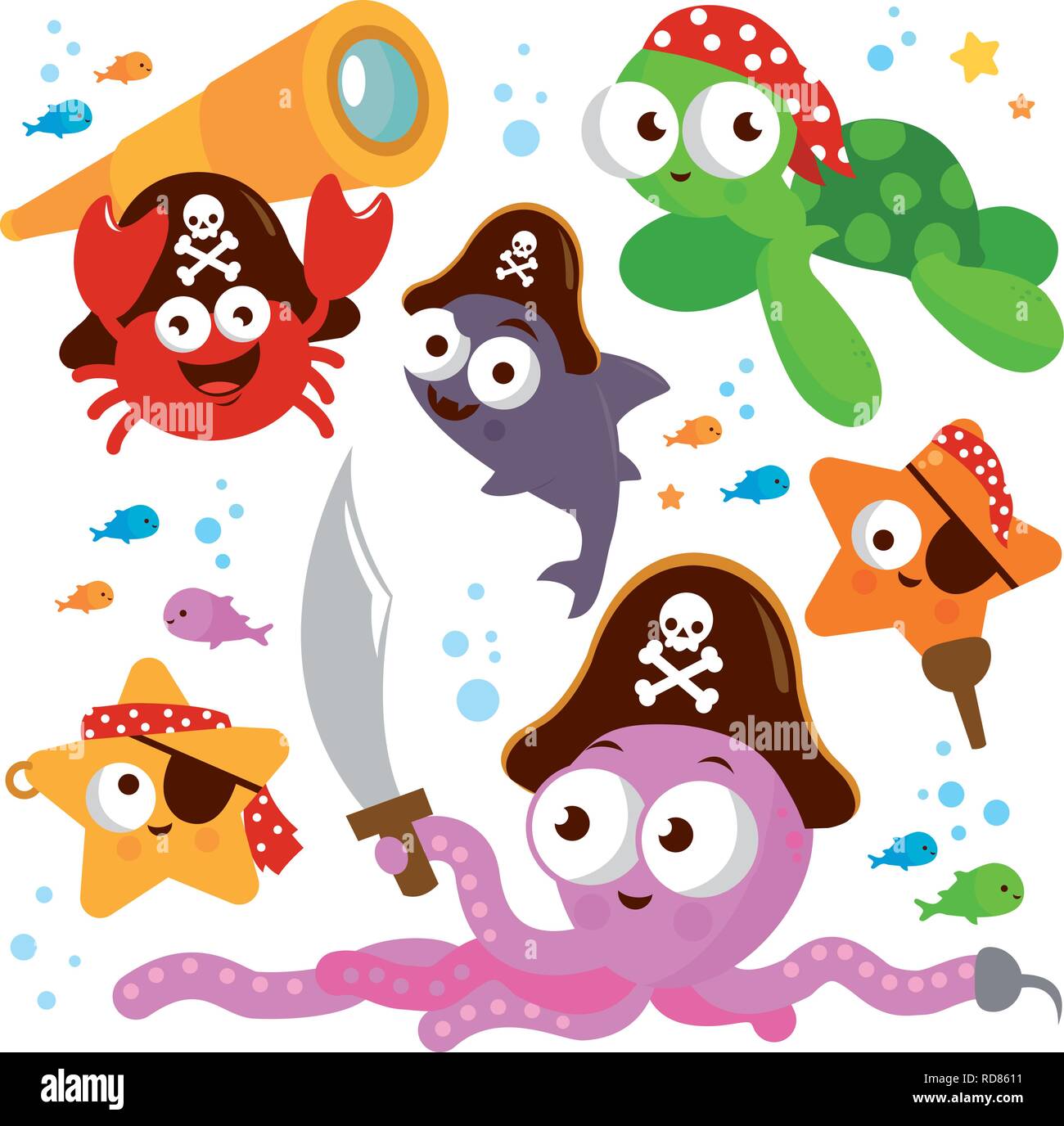 Animali marini pirati che nuotano sotto il mare. Pesci cartoni animati, squali e pirati di polpo sott'acqua. Illustrazione vettoriale Illustrazione Vettoriale
