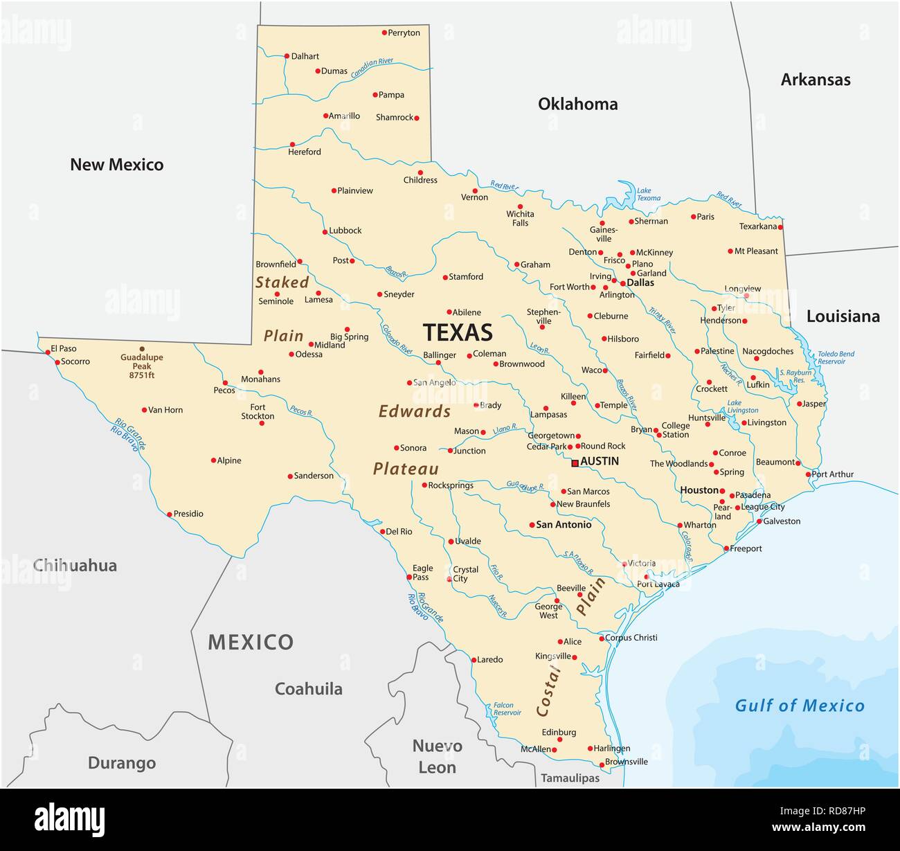 Mappa vettoriale della condizione degli Stati Uniti della Texas Illustrazione Vettoriale