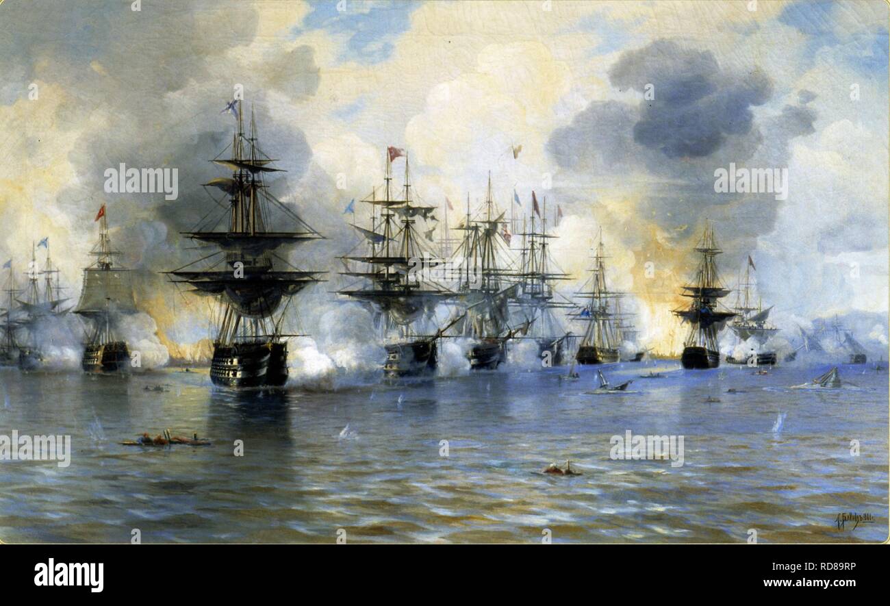 La battaglia navale di Navarino il 20 ottobre 1827. Museo: Centrale di Stato Museo della Marina di San Pietroburgo. Autore: Blinov, Leonid Demyanovich. Foto Stock