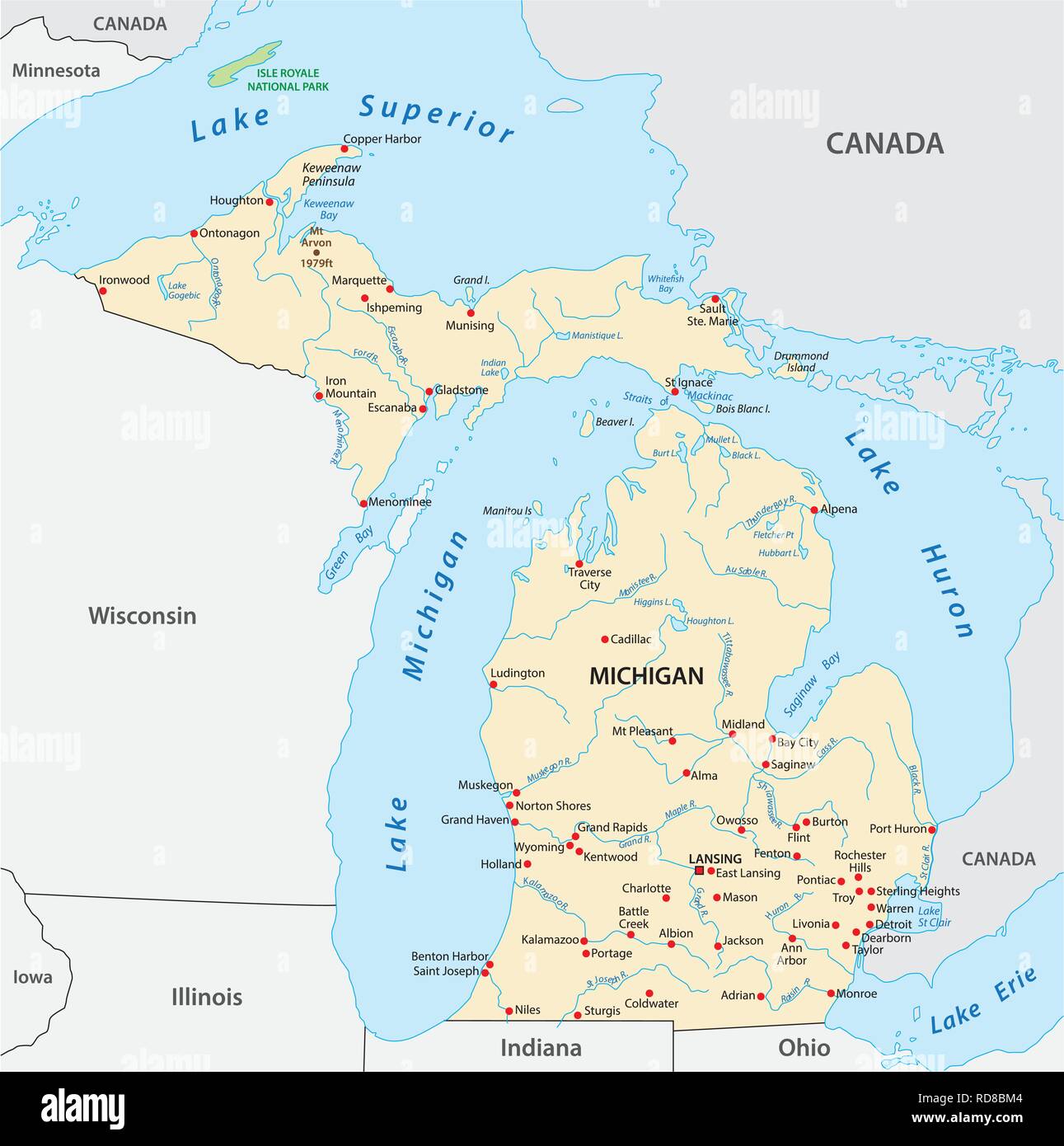 Mappa vettoriale di Stati Uniti Stato del Michigan Illustrazione Vettoriale