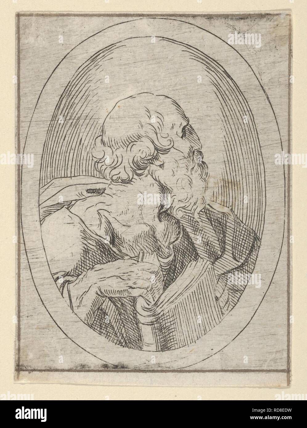 Un apostolo visto di profilo rivolto verso destra, tenendo in mano un libro aperto, in una cornice ovale, da Cristo, la Vergine, e tredici apostoli Foto Stock