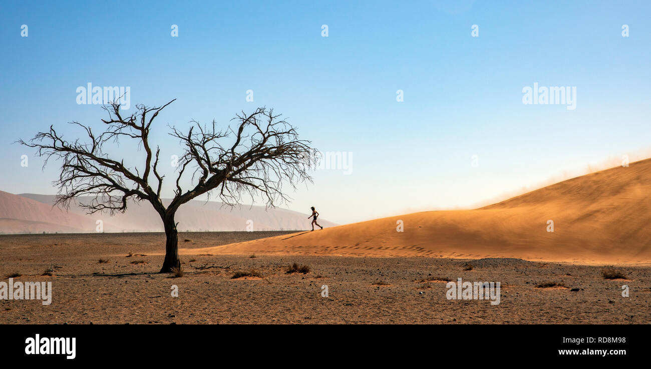 Panoramica di immagini di una donna in corsa giù Dune 45 in Namib-Naukluft National Park, Namibia, Africa Foto Stock