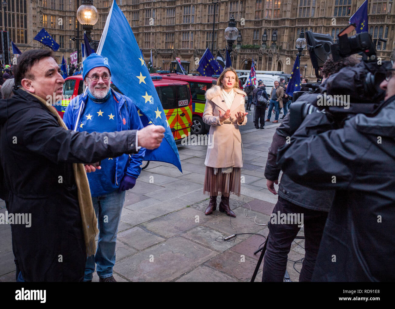 Supporti e manifestanti su college green opposta a Westminster il giorno di Theresa Maggio del piano brexit sconfitta Foto Stock