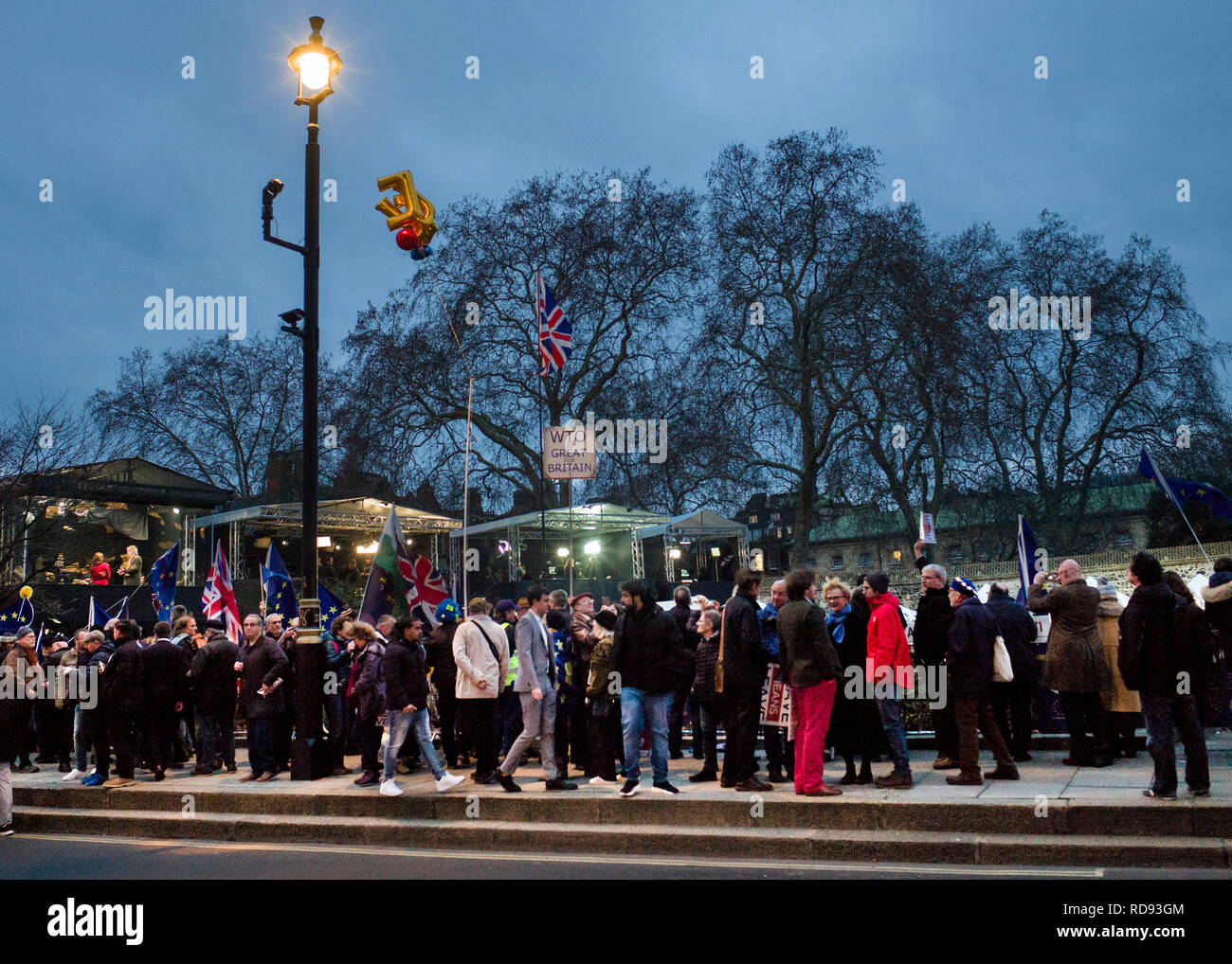 Supporti e manifestanti su college green opposta a Westminster il giorno di Theresa Maggio del piano brexit sconfitta Foto Stock