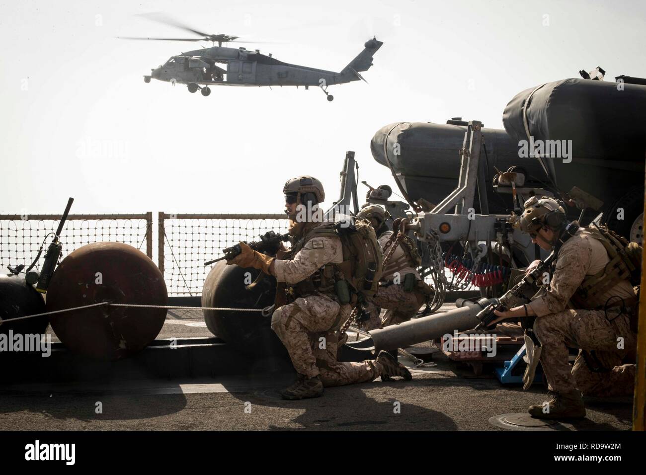 Mare Arabico - STATI UNITI Marines con il raid marittimo vigore, xiii Marine Expeditionary Unit (MEU), impostare la sicurezza durante la simulazione di una visita, scheda, la ricerca, il sequestro e la missione a bordo di Whidbey Island-class dock landing ship USS Rushmore (LSD 47) a Gennaio 15, 2019. L'Essex anfibio gruppo pronto e il tredicesimo MEU sono distribuiti negli Stati Uniti Quinta Flotta area di operazioni a sostegno di operazioni navali per garantire stabilità marittimo e la sicurezza nella regione centrale di collegamento del Mediterraneo e del Pacifico attraverso l'Oceano Indiano occidentale e tre strategici punti di strozzatura. (U.S. Marine Corps foto di C Foto Stock