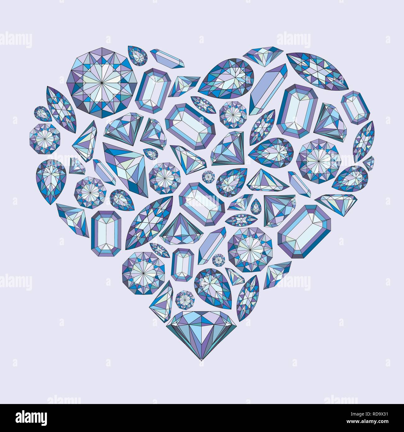 Vettore forma di cuore con diamanti e cristalli colorati con sfondo viola gemma per San Valentino Illustrazione Vettoriale
