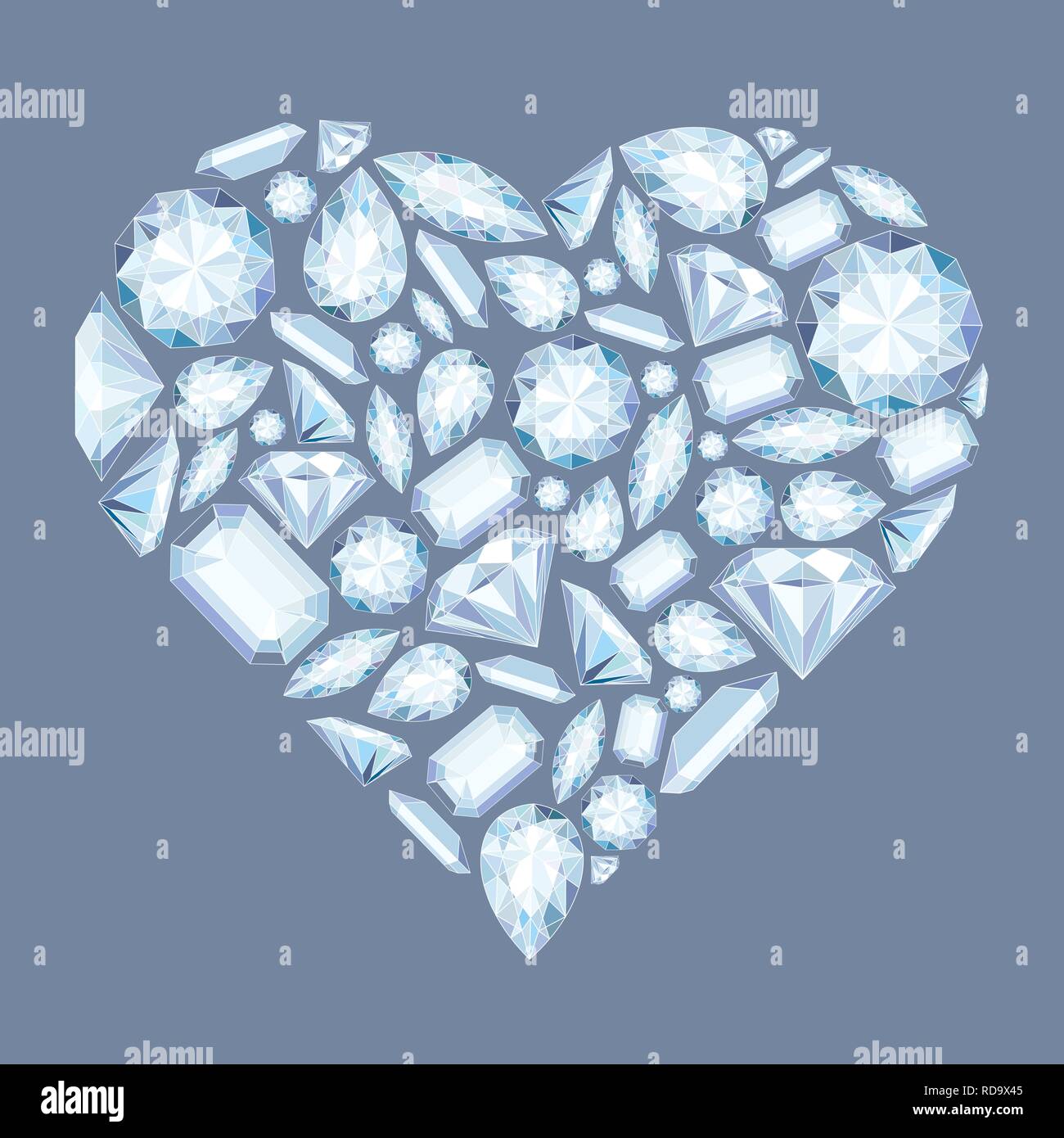 Vettore forma di cuore con diamanti e cristalli color pastello con sfondo luminoso gemma per San Valentino Illustrazione Vettoriale