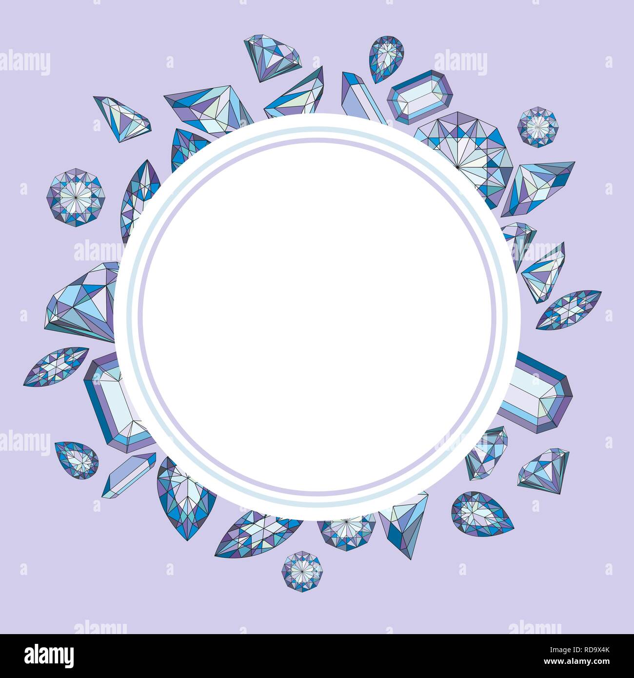 Vettore etichetta cerchio con diamanti e cristalli colorati con sfondo viola gem Illustrazione Vettoriale