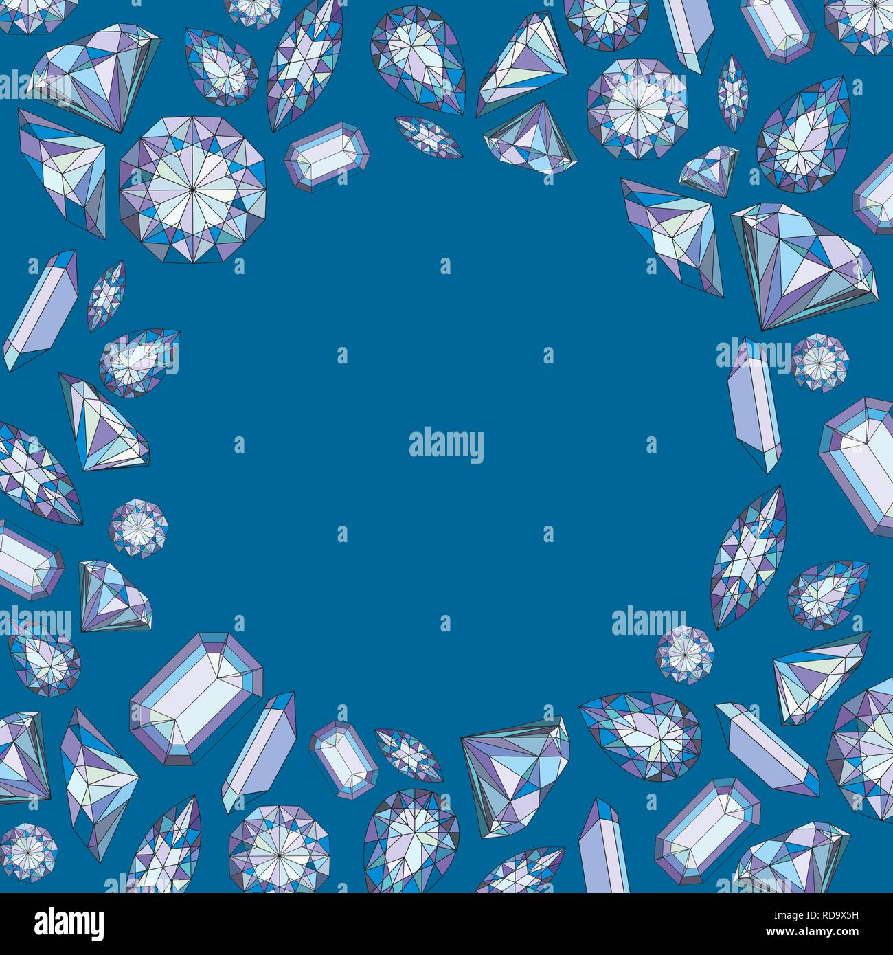 Vettore telaio a cerchio con diamanti e cristalli colorati con sfondo viola gem Illustrazione Vettoriale
