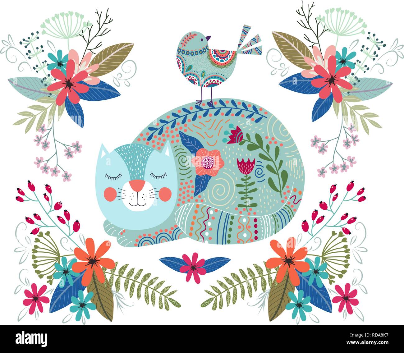 Vettore d'arte illustrazione colorata con cute cat, uccelli e fiori su uno sfondo bianco. Illustrazioni per la decorazione di interni e per l'uso nella vostra desig Illustrazione Vettoriale