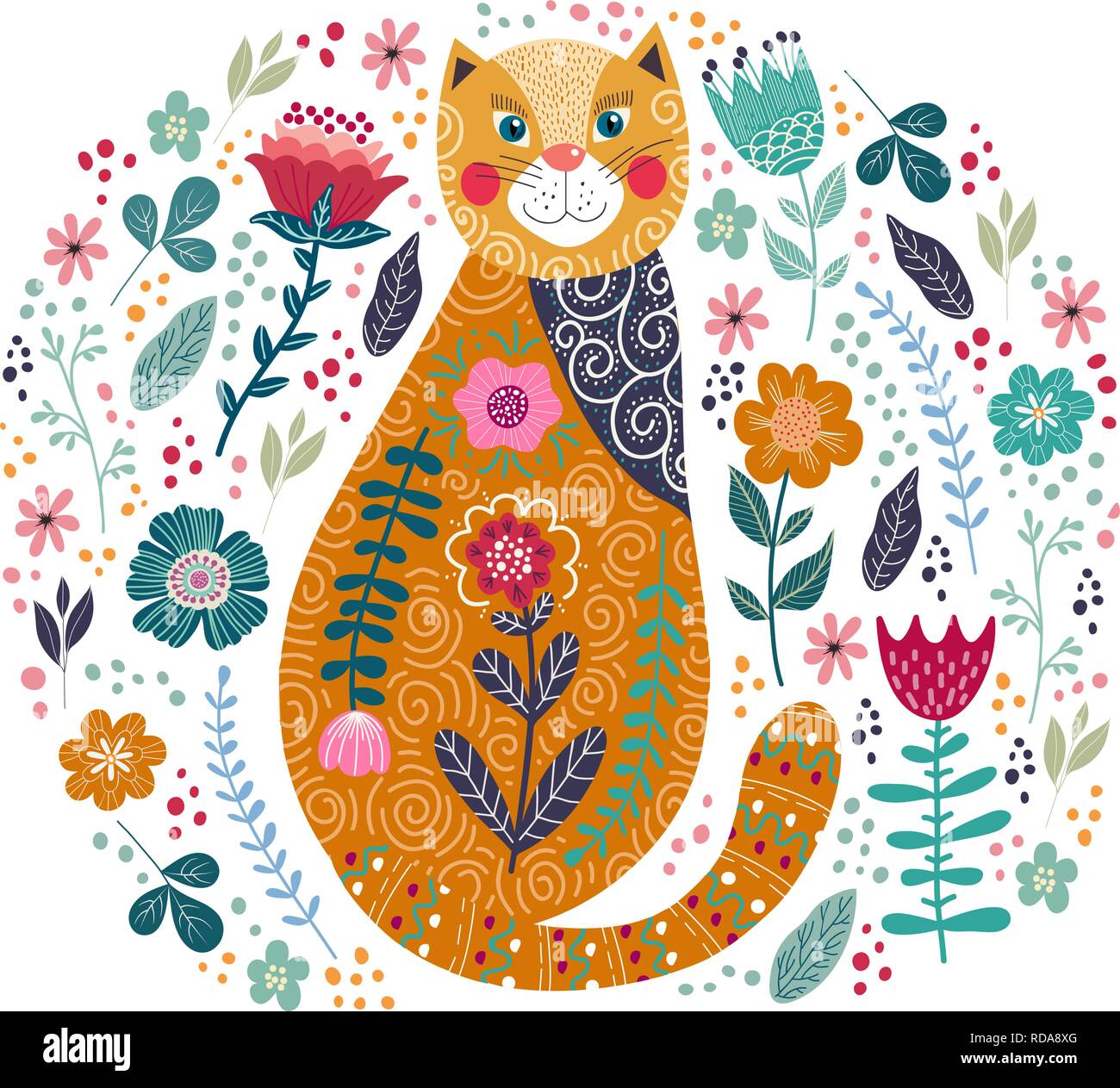 Vettore d'arte illustrazione colorata con cute cat e fiori su uno sfondo bianco. Illustrazione Vettoriale