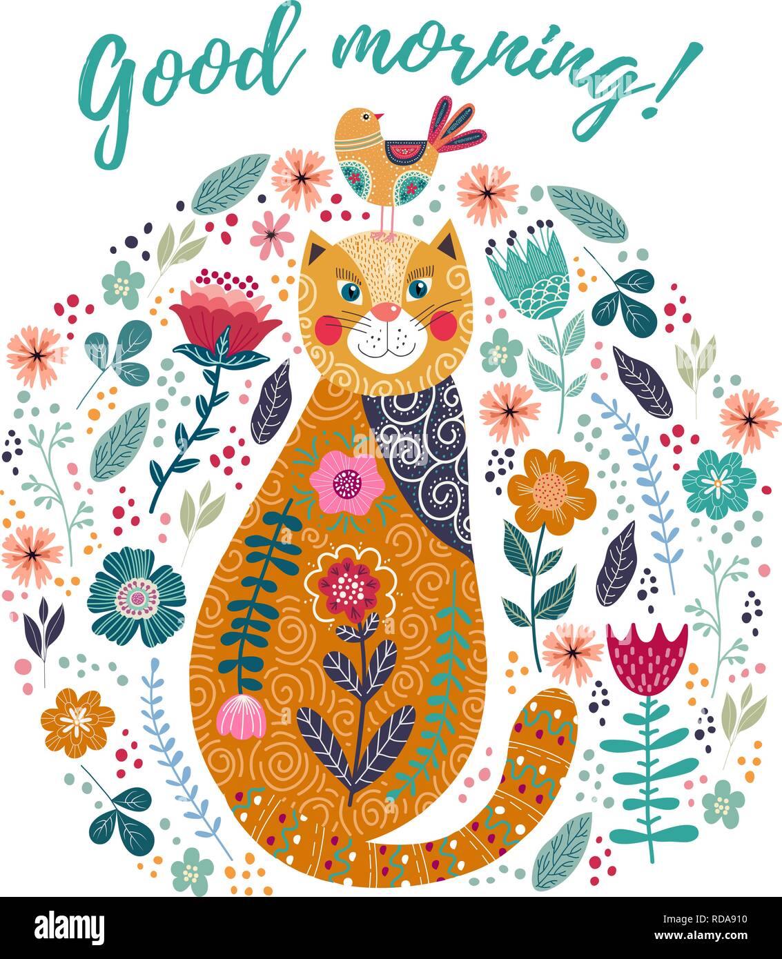 Buona mattina. Vettore d'arte illustrazione colorata con cute cat, uccelli e fiori su uno sfondo bianco. Illustrazione Vettoriale