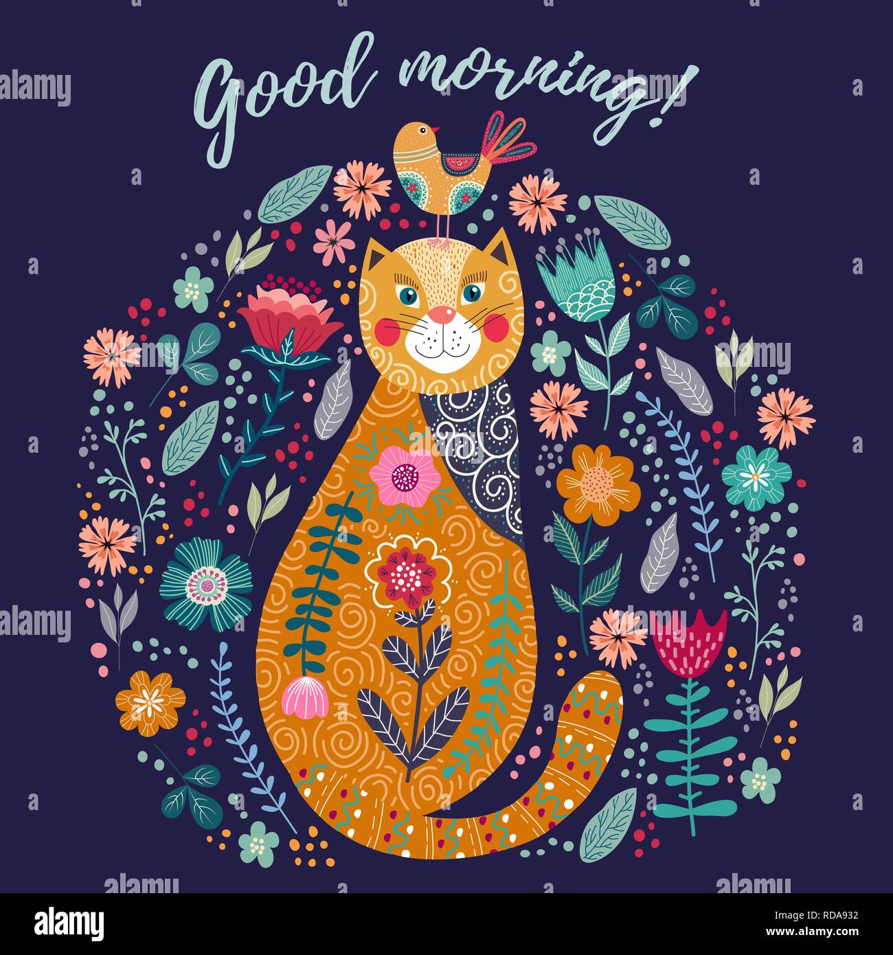 Buona mattina. Vettore d'arte illustrazione colorata con cute cat, uccelli e fiori. Illustrazione Vettoriale