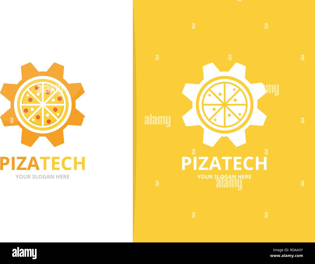 Pizza di vettore e ingranaggio di combinazione di logo. Il cibo e il sistema meccanico di simbolo o icona. Pizzeria unica e logotipo industriale Design modello. Illustrazione Vettoriale