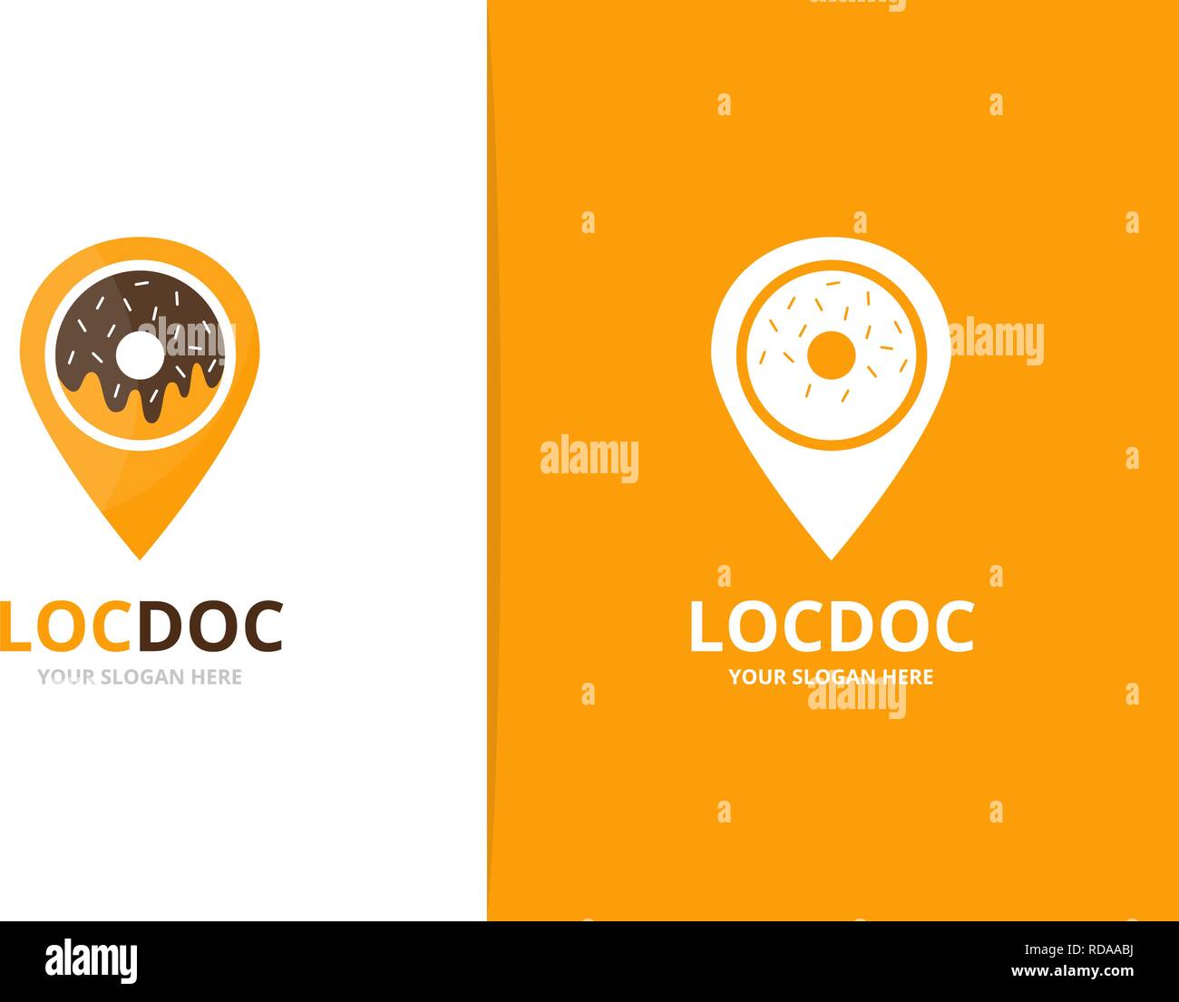 Ciambella di vettore e il puntatore mappa combinazione di logo. Donut e localizzatore GPS di simbolo o icona. Unica panetteria e logotipo pin modello di disegno. Illustrazione Vettoriale