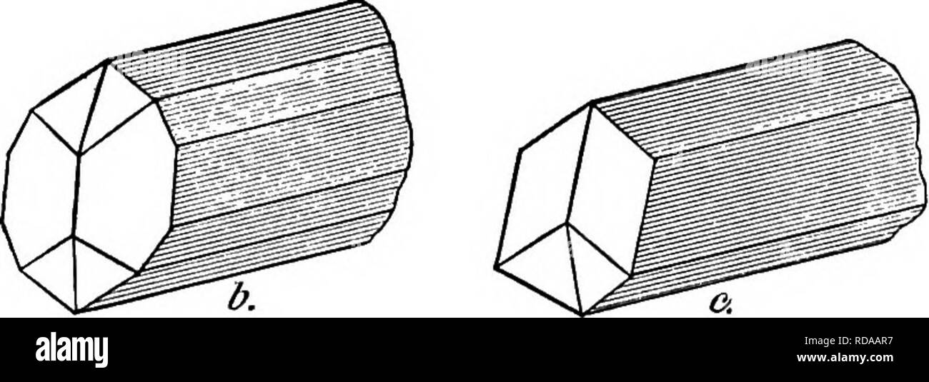 . Pietre preziose, un popolare conto dei loro caratteri, il verificarsi e applicazioni, con un'introduzione alla loro determinazione, per mineralogists, lapidaries, gioiellerie, ecc. Con una appendice su perle e corallo. Pietre preziose, perle, coralli. Fig. 78. Forma cristallina di epidoto. asse di simmetria, vale a dire perpendicolarmente al piano unico di giacitura della simmetria. A causa â la predominanza di una coppia di facce parallele del prisma i cristalli di solito presente un aspetto schiacciato. Il prisma allungato-facce sono molto spesso distintamente striati parallelamente alla loro lunghezza, vale a dire, para Foto Stock