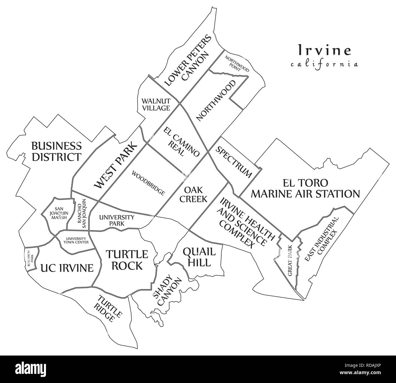 Città moderna mappa - Irvine California città degli Stati Uniti con i quartieri e i titoli mappa di contorno Illustrazione Vettoriale