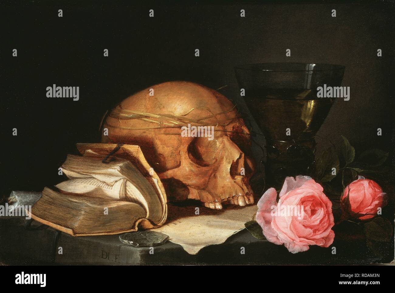 Vanitas ancora in vita con un cranio di un libro e di rose. Museo: Nationalmuseum di Stoccolma. Autore: HEEM, JAN DAVIDSZ DE. Foto Stock