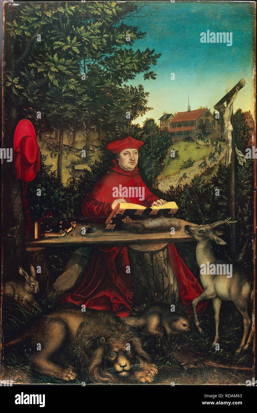 Il Cardinale Albrecht di Brandeburgo (1490-1545) come San Girolamo. Museo: Staatliche Museen di Berlino. Autore: Cranach, Lucas, il sambuco. Foto Stock