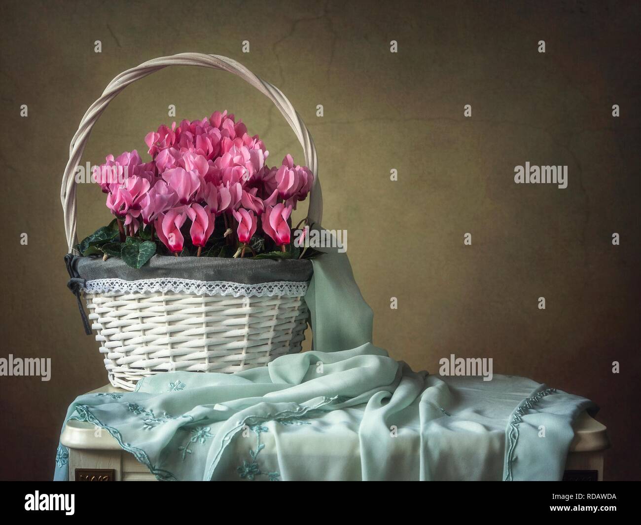 Natura morta con cesto di ciclamino fiori Foto Stock