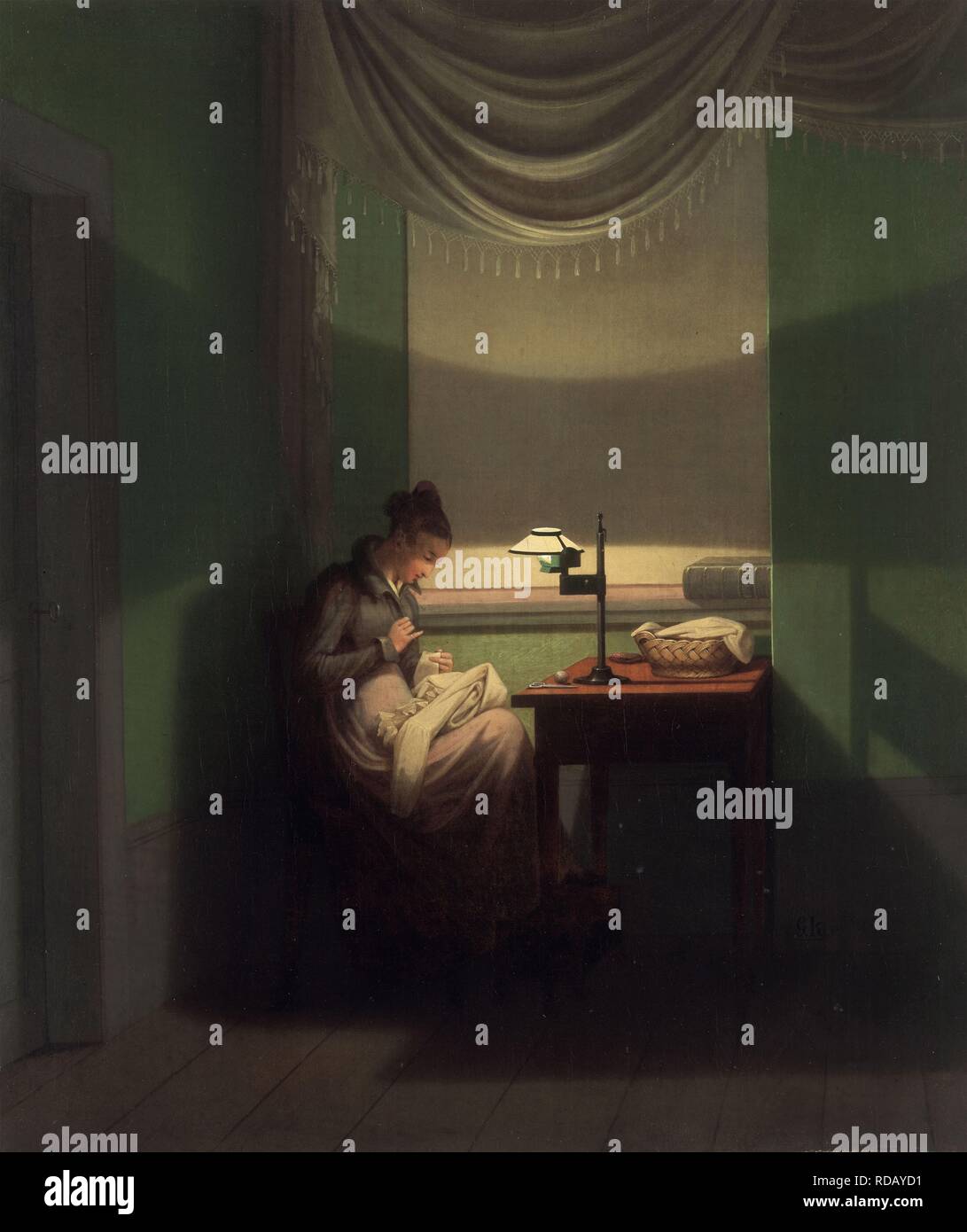 Giovane donna la cucitura mediante la luce di una lampada. Museo: Neue Pinakothek, Monaco di Baviera. Autore: KERSTING, Georg Friedrich. Foto Stock