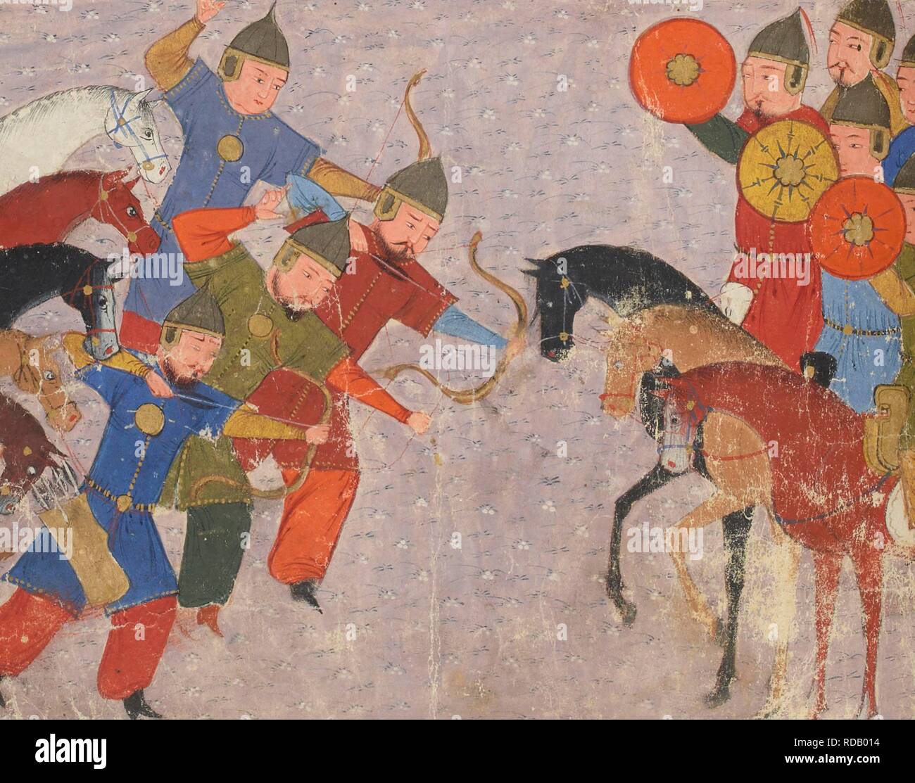 Battaglia tra l'esercito Khwarezmian e i mongoli. Miniatura di Jami' al-tawarikh (Storia Universale). Museo: BIBLIOTHEQUE NATIONALE DE FRANCE. Autore: anonimo. Foto Stock