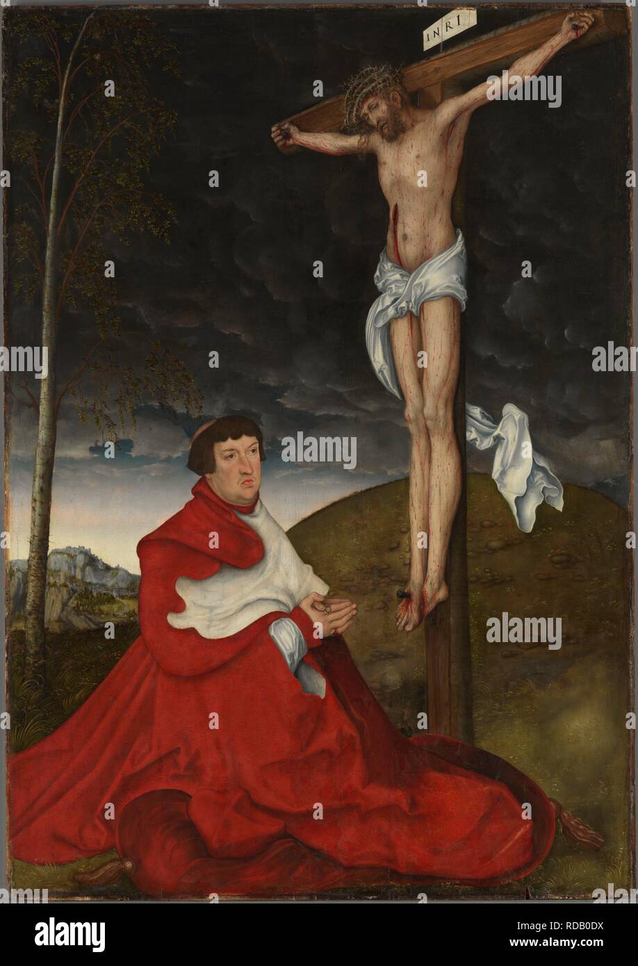 Il Cardinale Albrecht di Brandeburgo inginocchiato davanti a Cristo sulla croce. Museo: Alte Pinakothek di Monaco di Baviera. Autore: Cranach, Lucas, il sambuco. Foto Stock