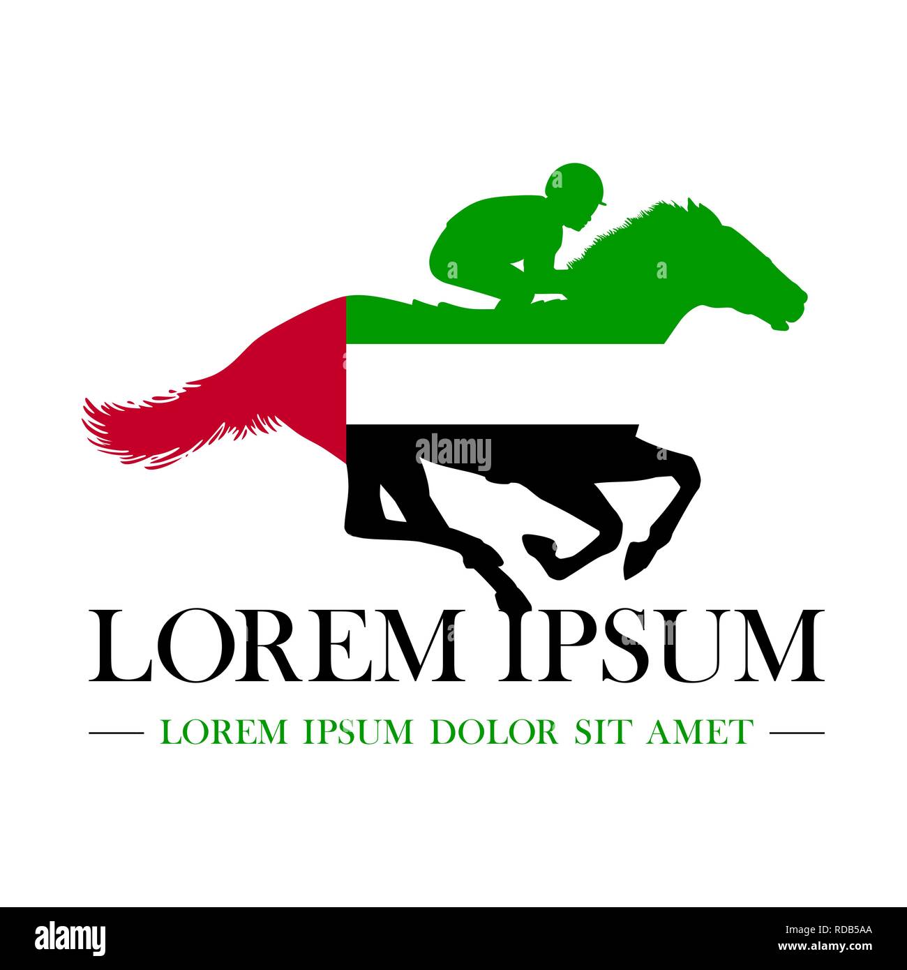 Logotipo. Emirati Arabi Uniti. Jockey su un cavallo da corsa. Bandiera degli Emirati Arabi Uniti. Ippodromo. Racetrack. Equitazione. Derby. Isolato su sfondo bianco. Illustrazione Vettoriale Illustrazione Vettoriale