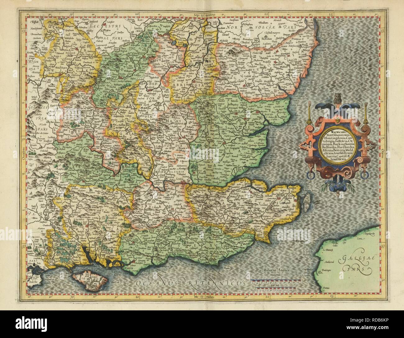 A sud-est dell'Inghilterra. Atlas sive cosmographicae Meditationes de fabrica. Dusseldorf : Albertus Busius, 1595. Una mappa che mostra il sud-est dell'Inghilterra, East Anglia e le Midlands. Immagine presa da Atlas sive cosmographicae Meditationes de fabrica mundi et fabricati figura. Gerardo Mercatore Cosmographo autore. [Edito da Rumold Mercator. Con un ritratto di G. Mercator].. Originariamente pubblicato/prodotto in Dusseldorf : Albertus Busius, 1595. . Fonte: maps.C.3.c.3, mappa 17. Foto Stock