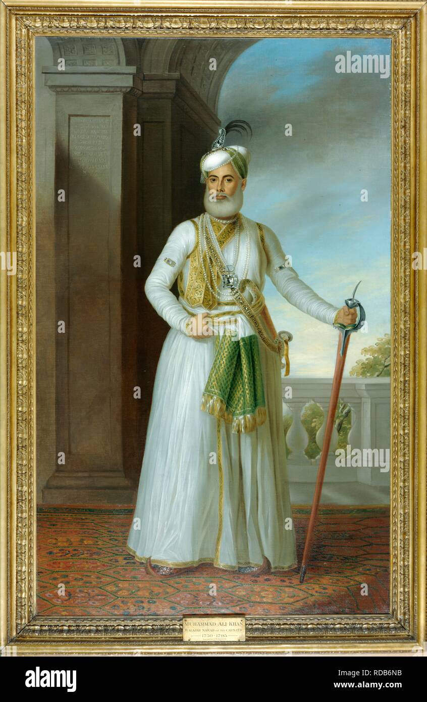 Muhammad 'Ali Khan. c.1774. Muhammad 'Ali Khan, Nawab del Carnatic (1750-1795). Il Nawab sta rivolta verso l'esterno, con una mano si afferra il corpino e l'altra azienda l'elsa di una spada con guaina. Olio su tela originariamente pubblicato/prodotto in c.1774. . Fonte: Foster 12. Autore: George Willison. Foto Stock