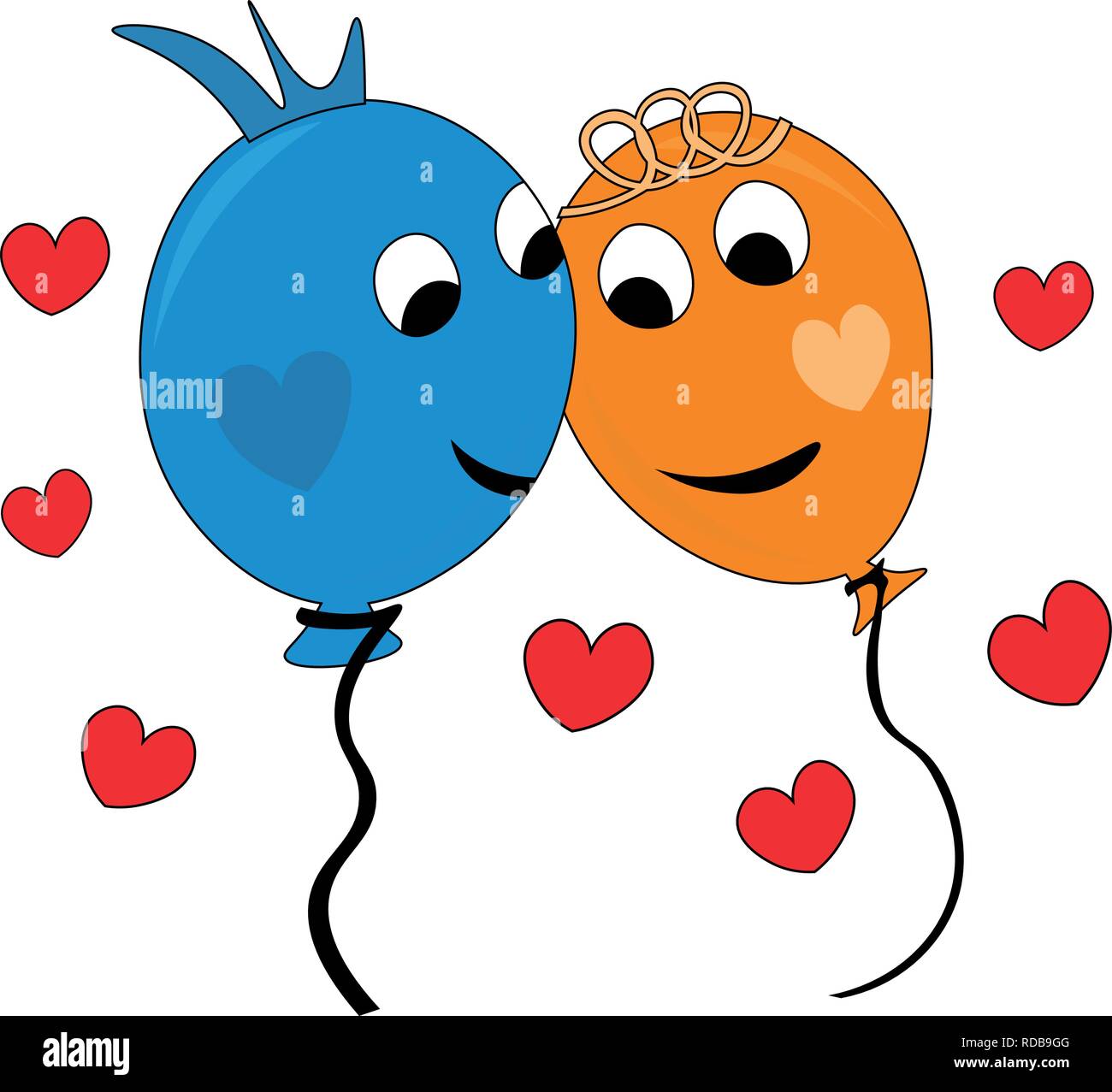 Coppia felice di palloncini colorati in amore, blu e arancione palloncino, cuori attorno, celebra il giorno di San Valentino Illustrazione Vettoriale