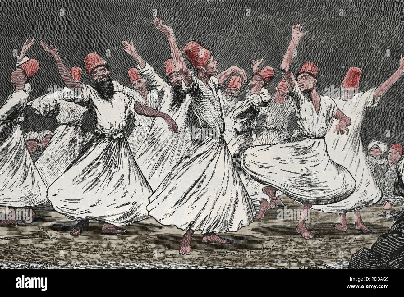 Dervisci Rotanti dancing. Incisione. Xix secolo. La Turchia. Foto Stock