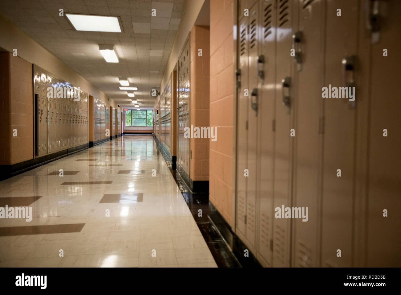 Guardato all'interno di un vuoto corridoio di scuola. Foto Stock