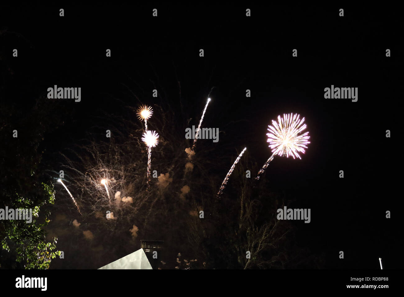 La frizzante e luminosa fuochi d'artificio durante il 2017 festival di Pilar contro un cielo scuro a Saragozza, regione di Aragona, Spagna Foto Stock