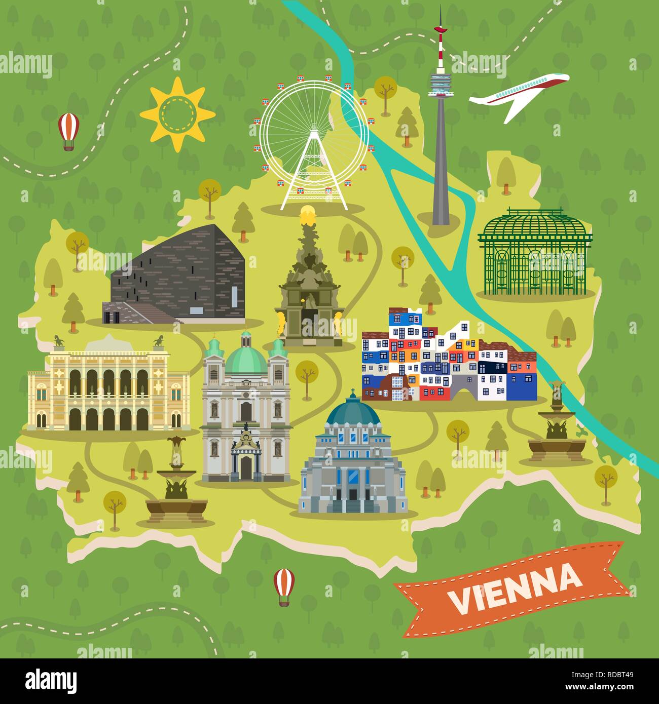 Mappa di viaggio di Vienna, Austria con i punti di riferimento Illustrazione Vettoriale