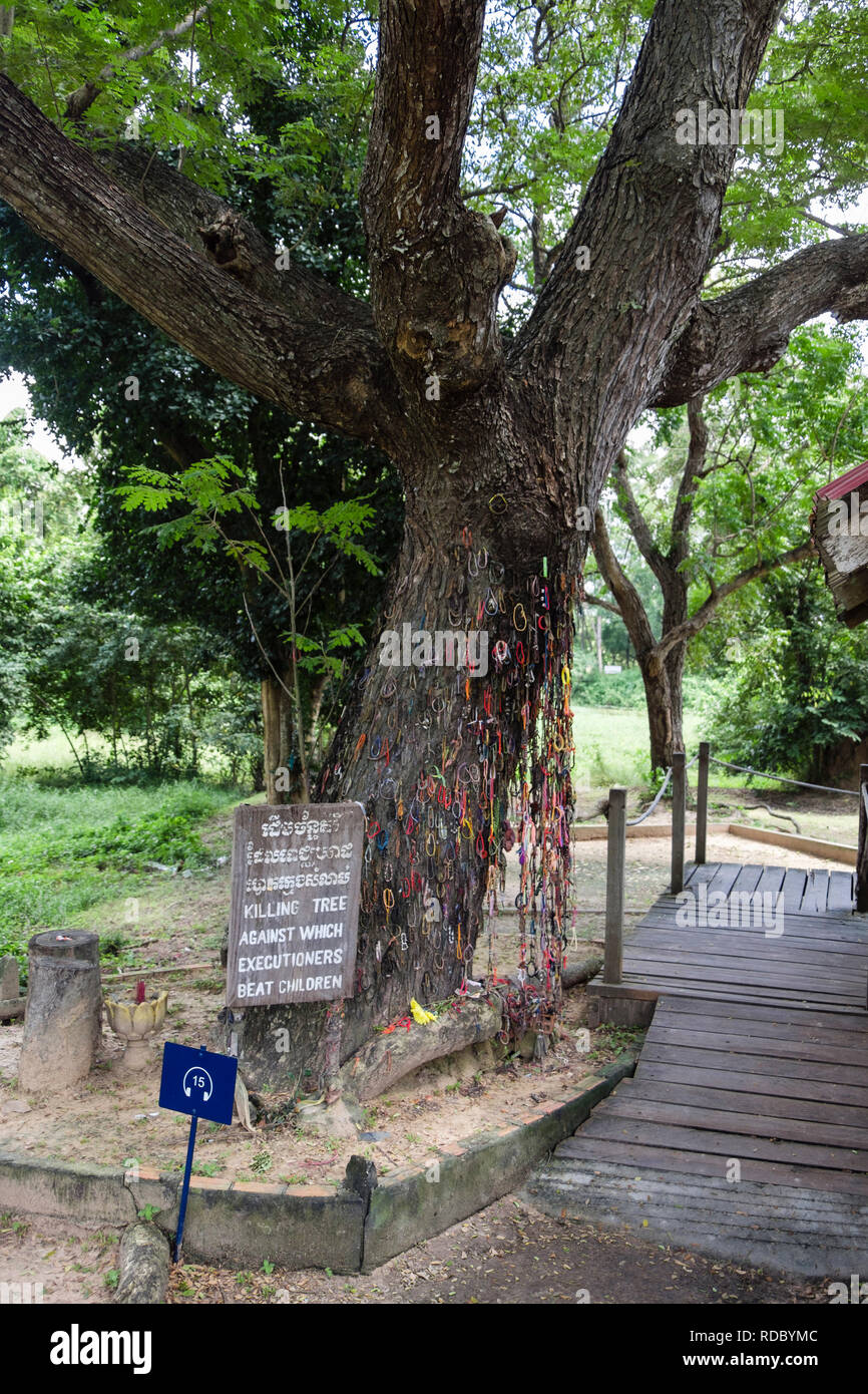 Segno per uccidere tree dove i bambini sono stati picchiati a morte dai Khmer rossi. L uccisione di campi del centro di genocidio. Choeung Ek, Phnom Penh, Cambogia, Asia Foto Stock