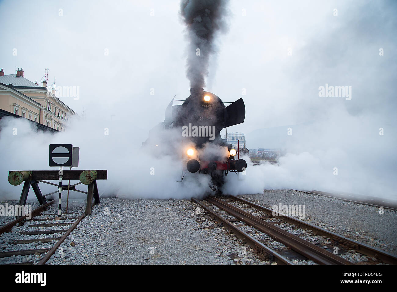 Il vecchio treno a vapore alla stazione ferroviaria di Nova Gorica, in Slovenia Foto Stock