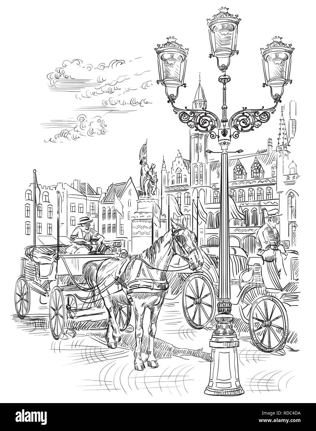 Vista sul Grote Markt Square nella città medievale di Bruges, Belgio. Punto di riferimento del Belgio. Cavalli, carri e lanterne sulla piazza del mercato di Bruges. Il vettore ha Illustrazione Vettoriale