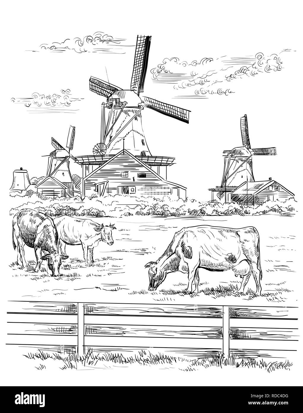 Vettore di disegno a mano illustrazione del mulino di Amsterdam (Paesi Bassi, Olanda). Punto di riferimento dell'Olanda. Mulino ad acqua e le mucche al pascolo sul prato. Vect Illustrazione Vettoriale